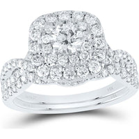 GND 14K White Gold Round Diamond Halo Bridal Wedding Ring Set - 1-1/2 Carat Total Gem Weight