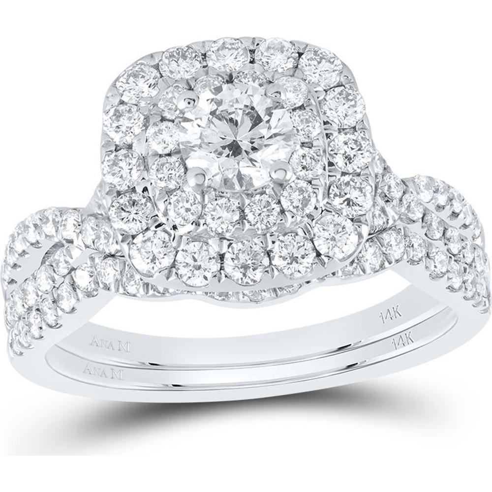 GND 14K White Gold Round Diamond Halo Bridal Wedding Ring Set - 1-1/2 Carat Total Gem Weight