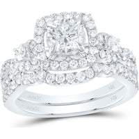 GND 14K White Gold Round Diamond Halo Bridal Wedding Ring Set - 1-3/4 Total Carat Weight (Certified)