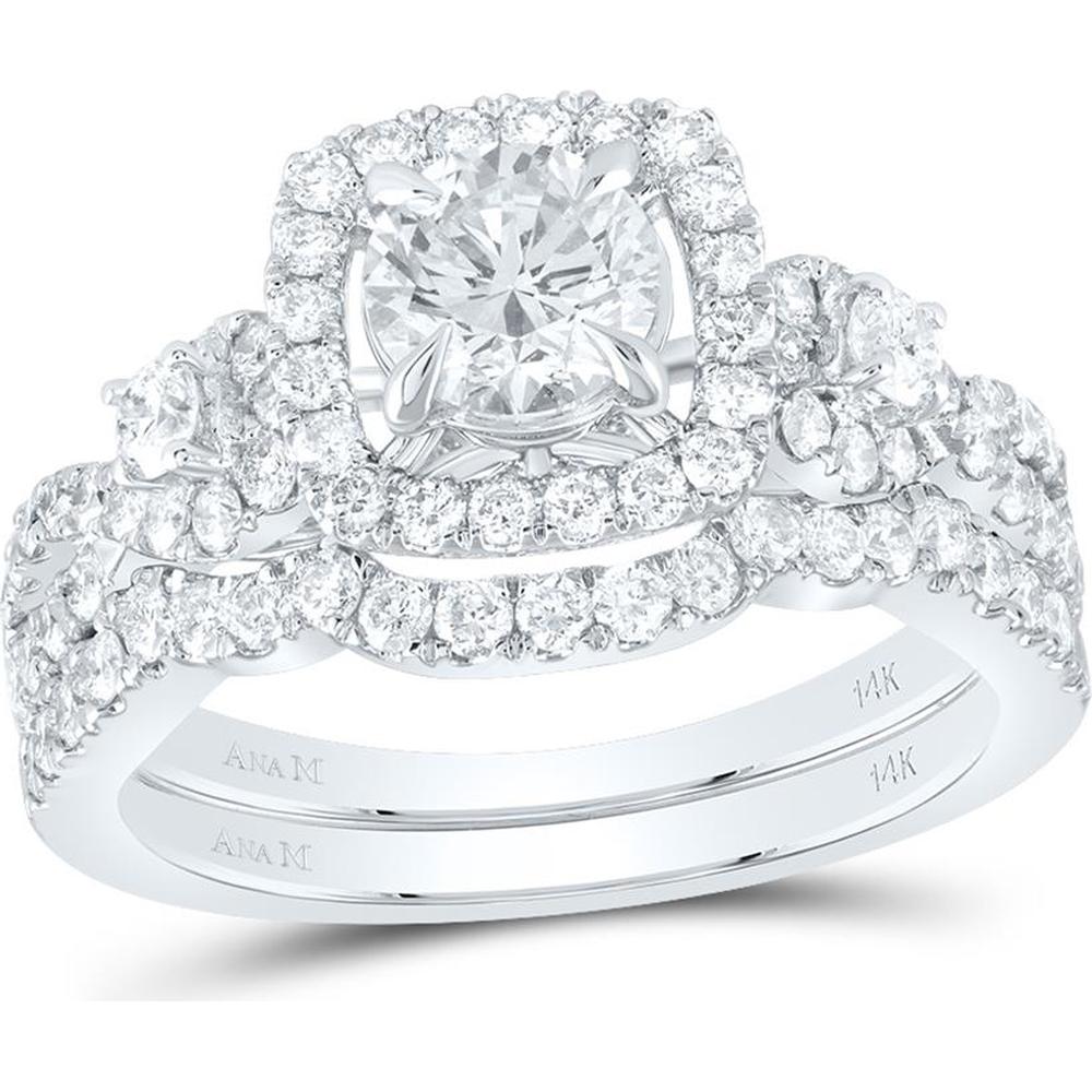 GND 14K White Gold Round Diamond Halo Bridal Wedding Ring Set - 1-3/4 Total Carat Weight (Certified)