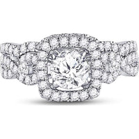 GND 14K White Gold Round Diamond Halo Bridal Wedding Ring Set - 1-3/4 Total Carat Weight (Certified)
