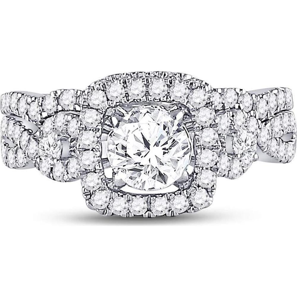GND 14K White Gold Round Diamond Halo Bridal Wedding Ring Set - 1-3/4 Total Carat Weight (Certified)