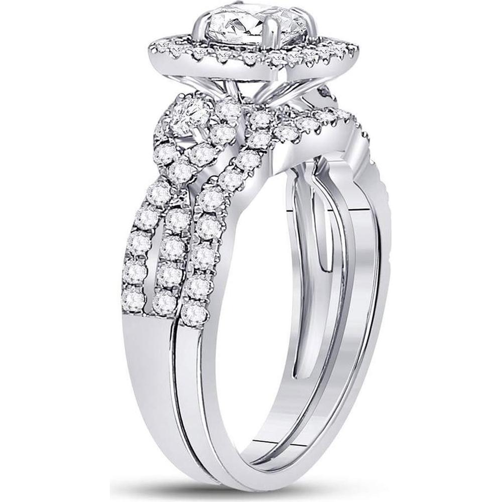 GND 14K White Gold Round Diamond Halo Bridal Wedding Ring Set - 1-3/4 Total Carat Weight (Certified)