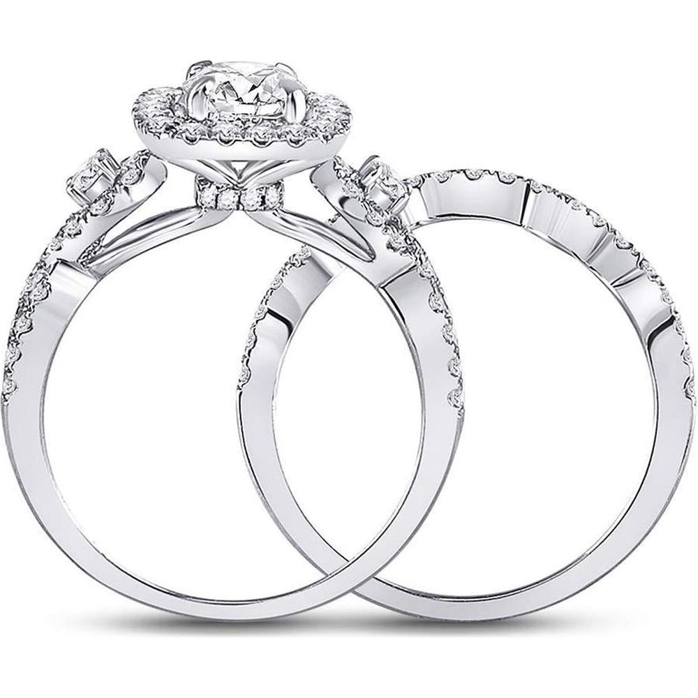 GND 14K White Gold Round Diamond Halo Bridal Wedding Ring Set - 1-3/4 Total Carat Weight (Certified)