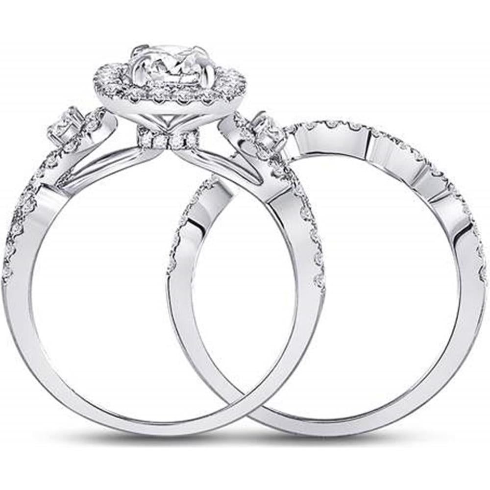 GND 14K White Gold Round Diamond Halo Bridal Wedding Ring Set - 1-3/4 Total Carat Weight (Certified)