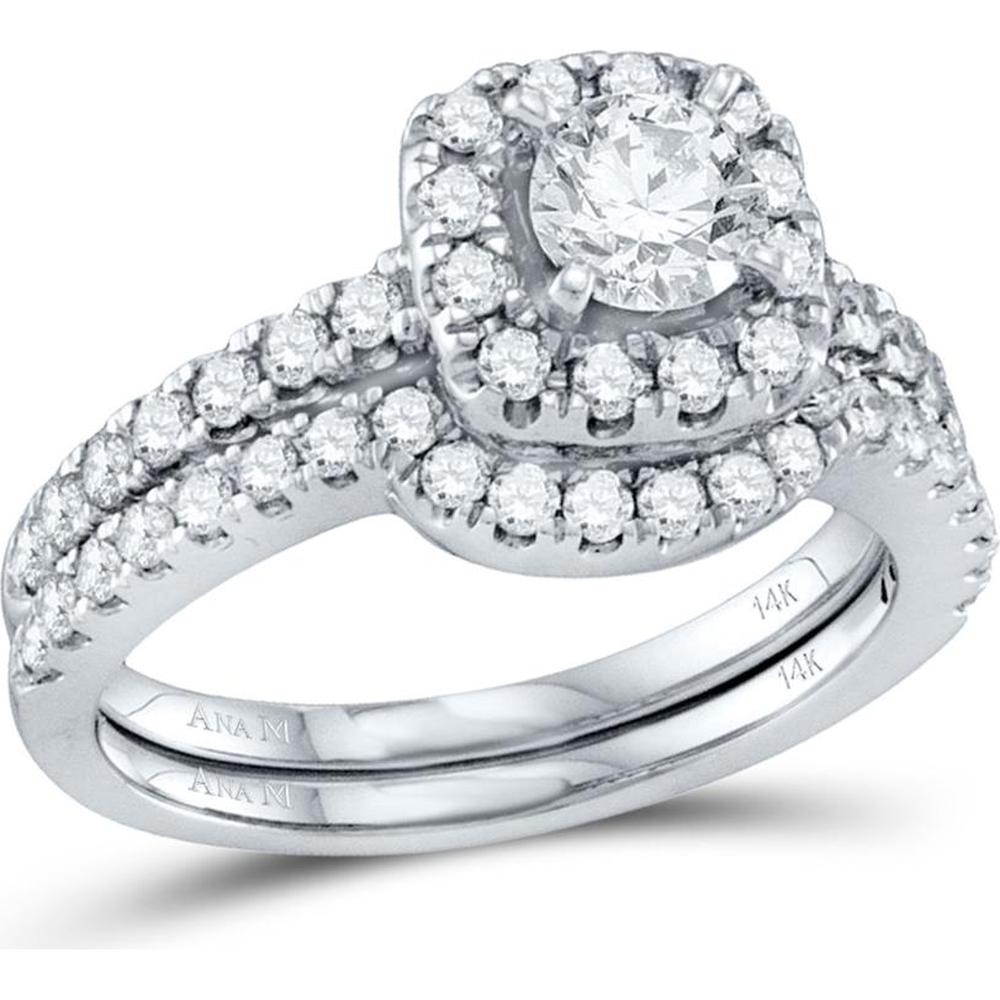 GND 14K White Gold Round Diamond Halo Bridal Wedding Ring Set - 1.33 Carat Total Diamond Weight