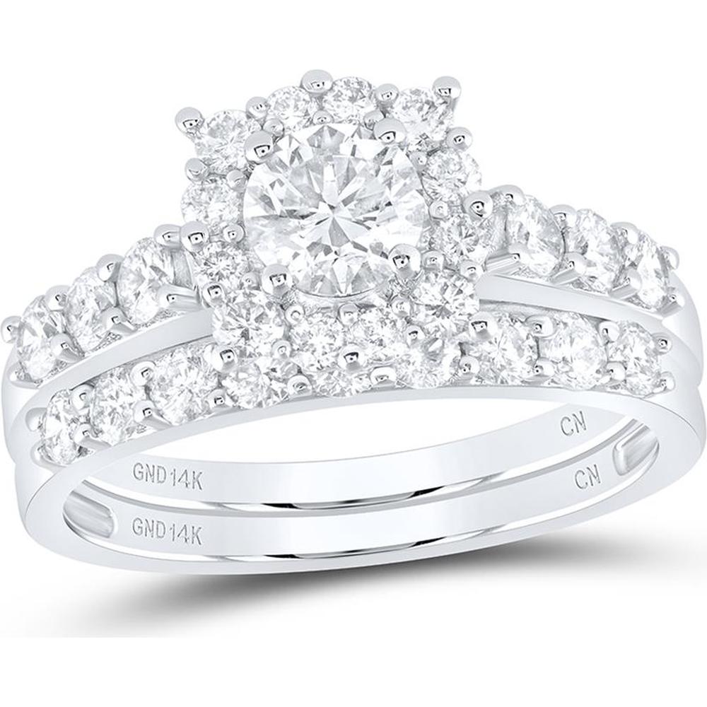 GND 14K White Gold Round Diamond Halo Bridal Wedding Ring Set - 1.5 Carat Total Diamond Weight