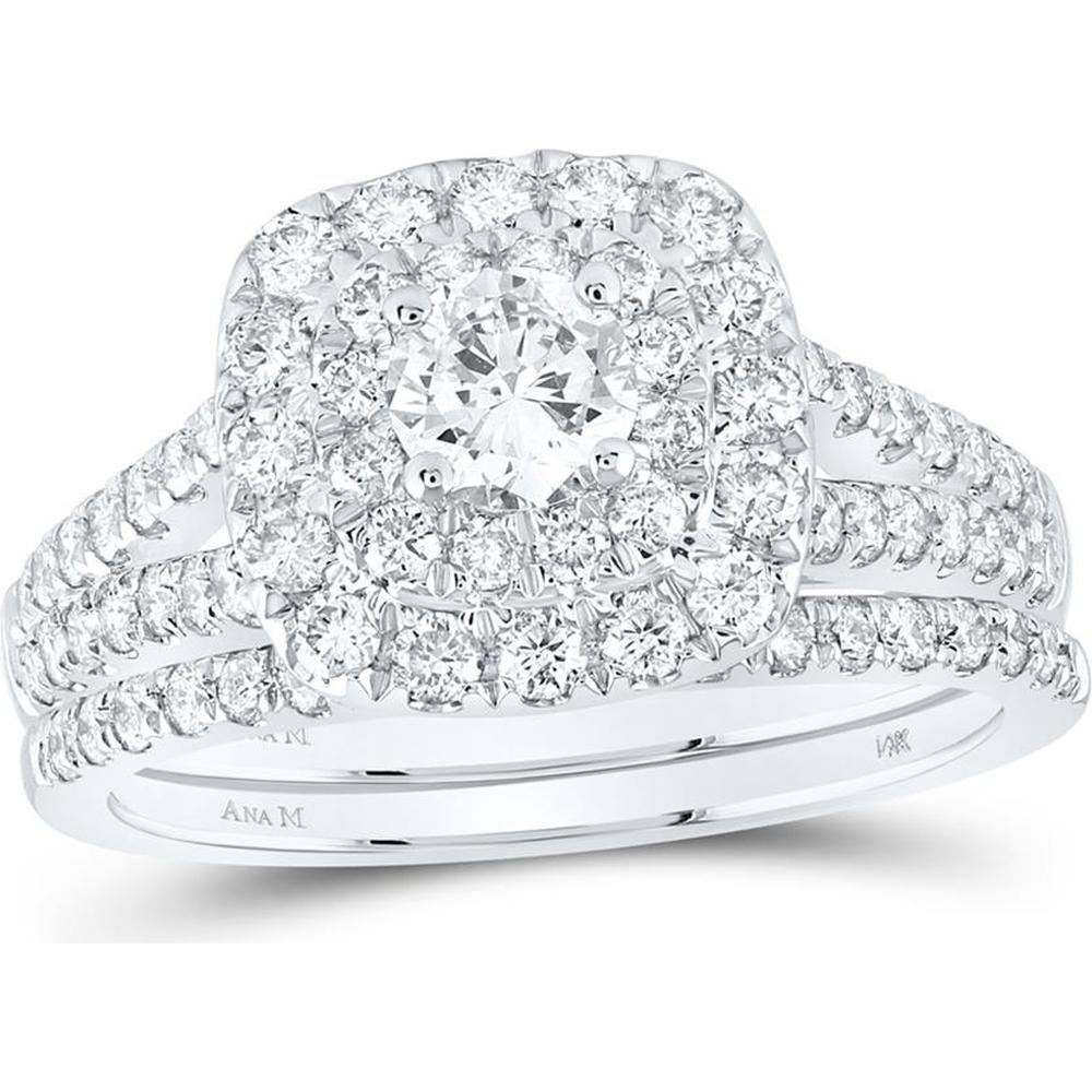 GND 14K White Gold Round Diamond Halo Bridal Wedding Ring Set - 1.5 Carat Total Diamond Weight