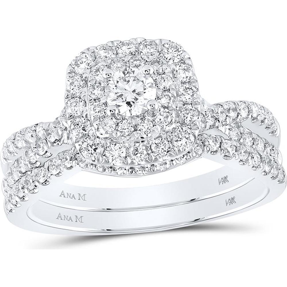 GND 14K White Gold Round Diamond Halo Bridal Wedding Ring Set – 1 Carat Total Diamond Weight
