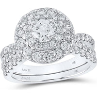 GND 14K White Gold Round Diamond Halo Bridal Wedding Ring Set – 2 Total Carat Weight