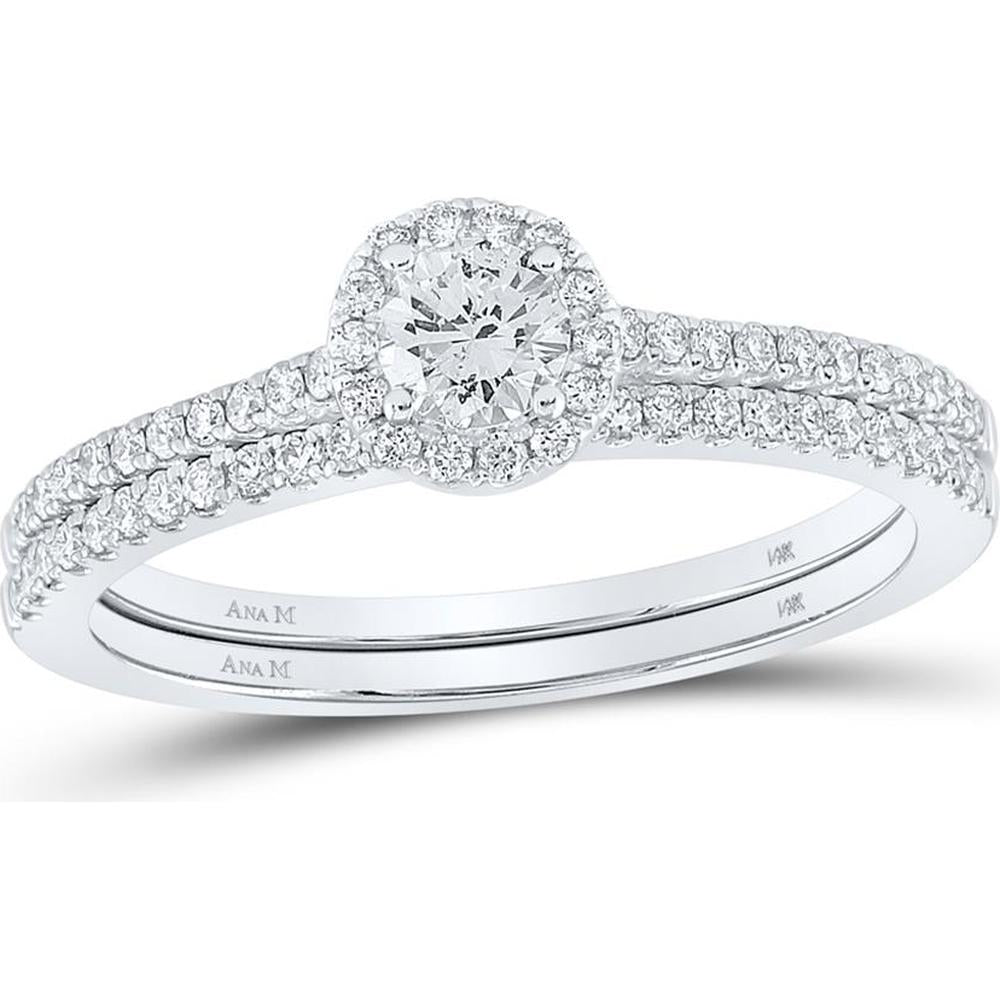 GND 14K White Gold Round Diamond Halo Bridal Wedding Ring Set - 5/8 Carat Total Diamond Weight