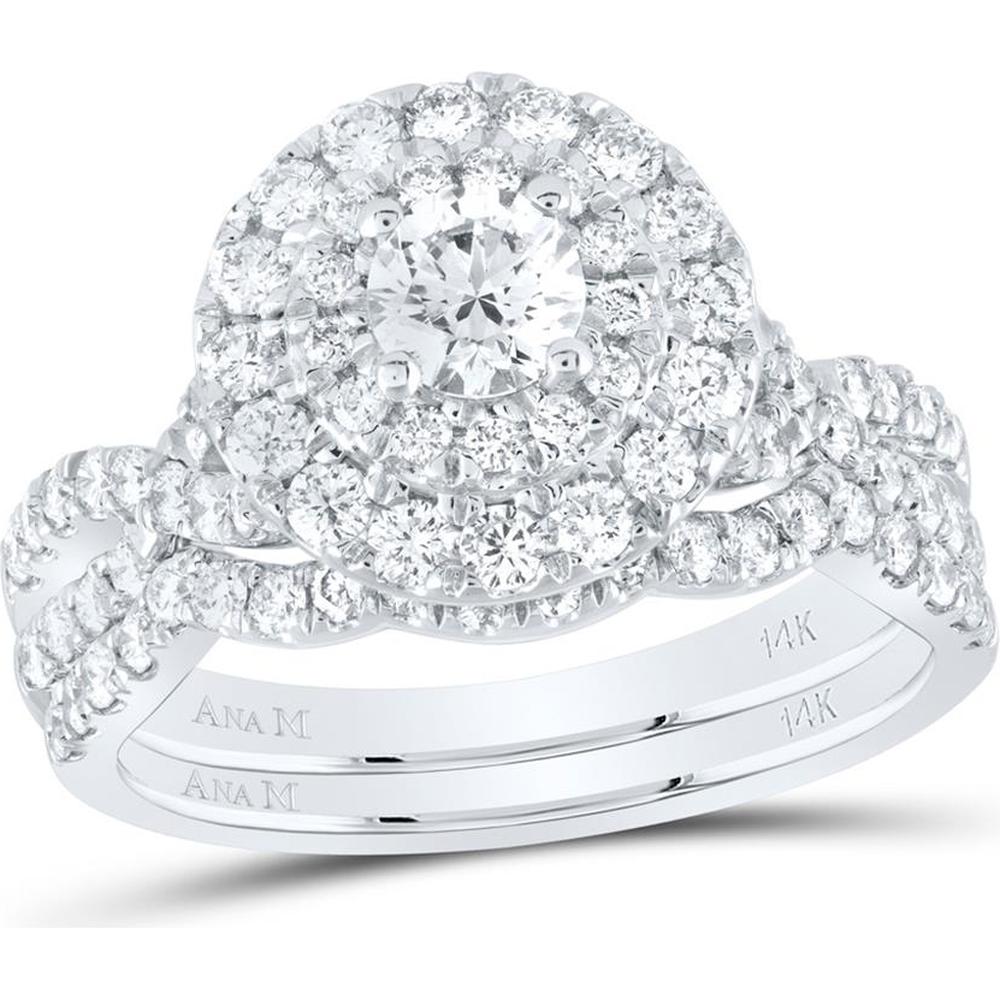GND 14K White Gold Round Diamond Halo Bridal Wedding Ring Set with 1.5 Total Carat Weight - Certified