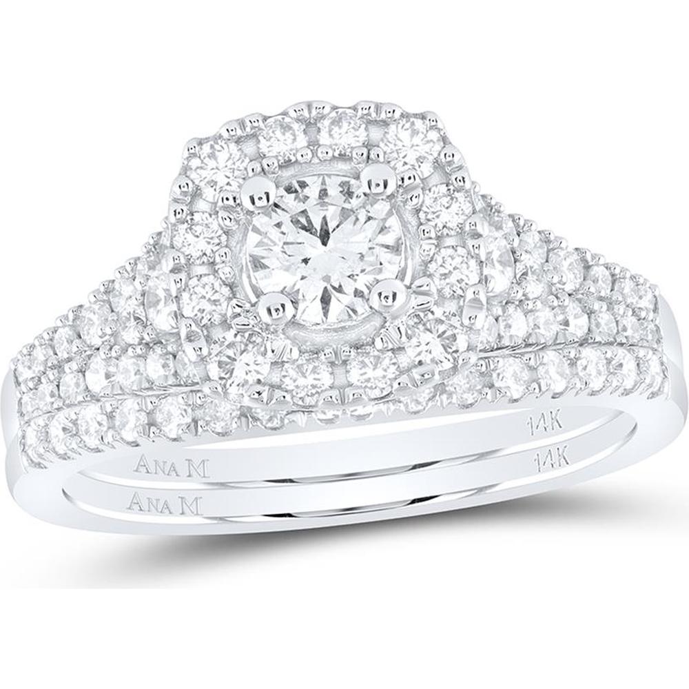 GND 14K White Gold Round Diamond Halo Bridal Wedding Ring Set with 1 Carat Total Diamond Weight