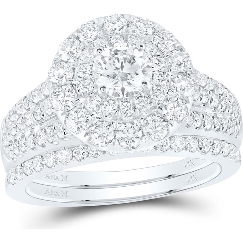 GND 14K White Gold Round Diamond Halo Bridal Wedding Ring Set with 2.00 Carat Total Diamond Weight