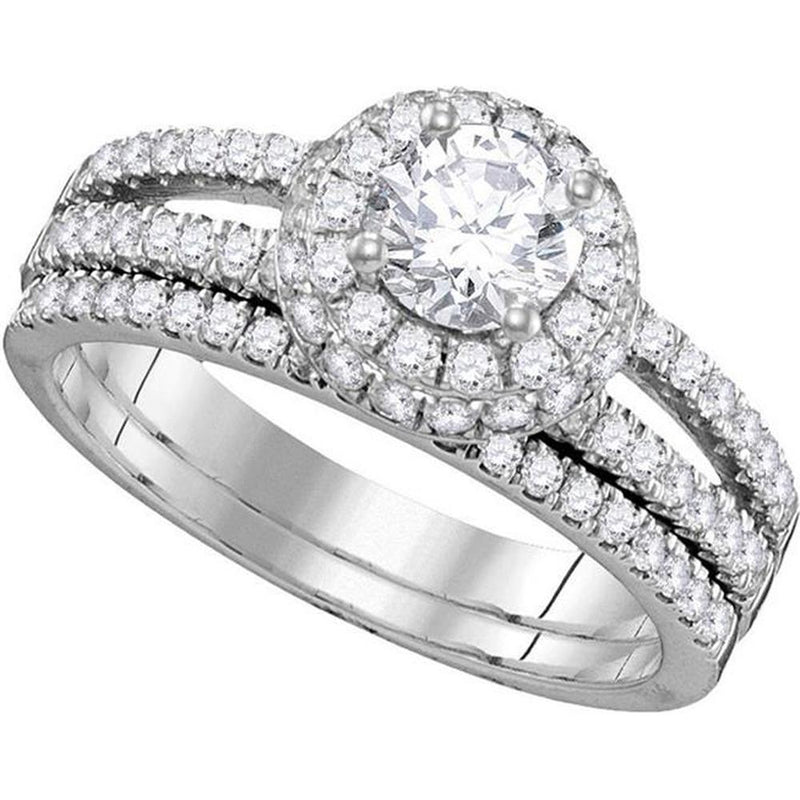 GND 14K White Gold Round Diamond Halo Bridal Wedding Ring Set with Pave Diamond Band – 1.50 Carat Total Diamond Weight