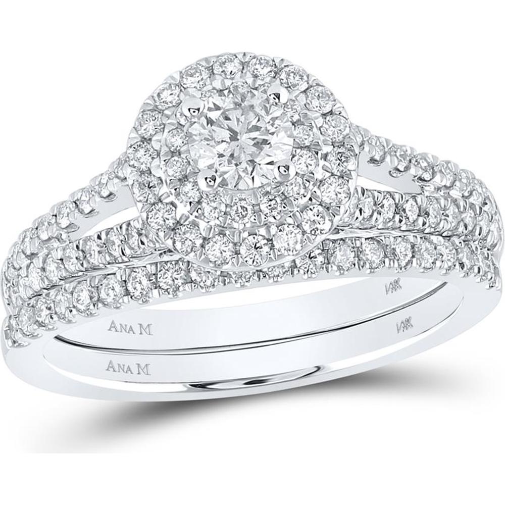 GND 14K White Gold Round Diamond Halo Bridal Wedding Ring Set with Prong-Set Diamonds - 1.00 Carat Total Diamond Weight