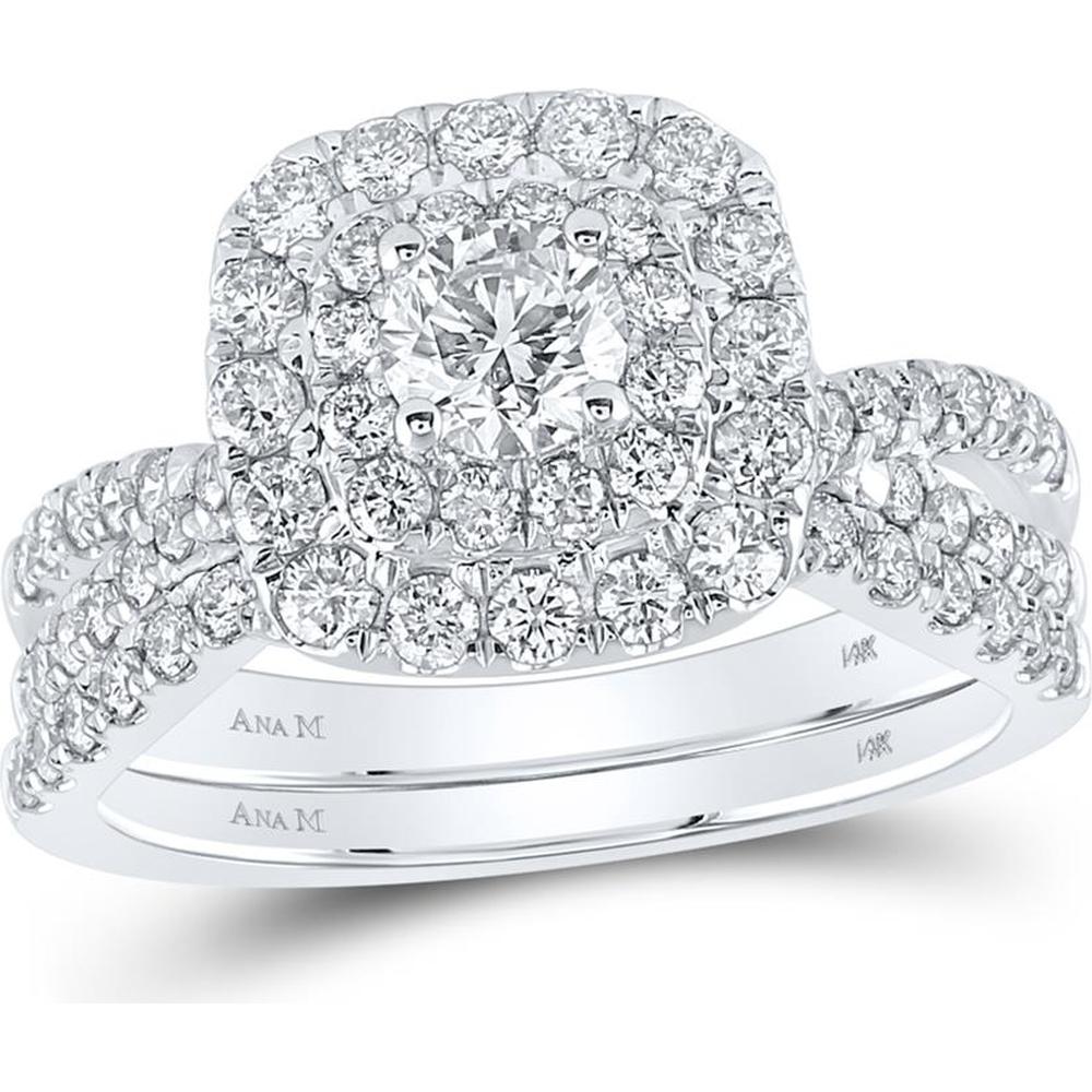 GND 14K White Gold Round Diamond Halo Bridal Wedding Ring Set with Prong-Set Diamonds - 1.50 Carat Total Diamond Weight