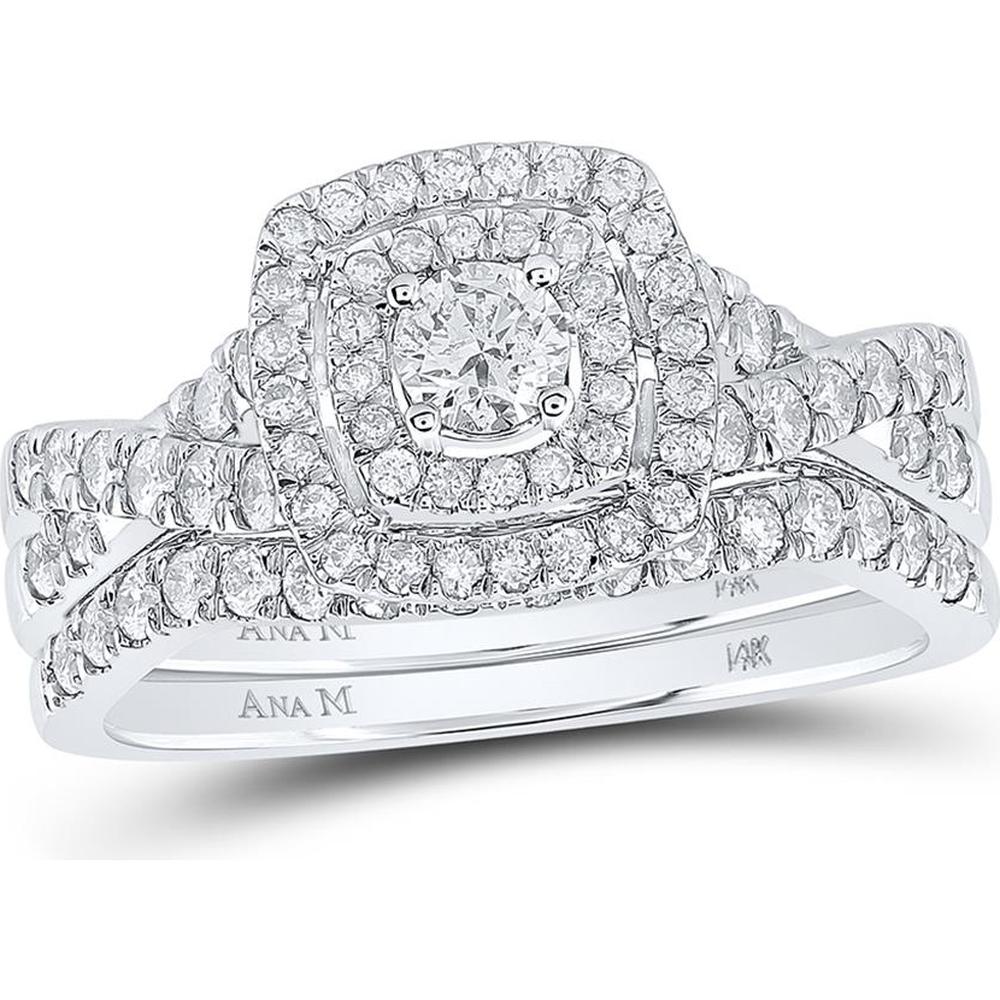 GND 14K White Gold Round Diamond Halo Bridal Wedding Ring Set with Prong-Set Diamonds – 1 Carat Total Diamond Weight