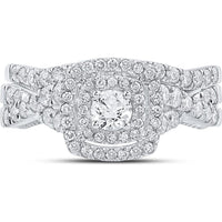 GND 14K White Gold Round Diamond Halo Bridal Wedding Ring Set with Prong-Set Diamonds – 1 Carat Total Diamond Weight
