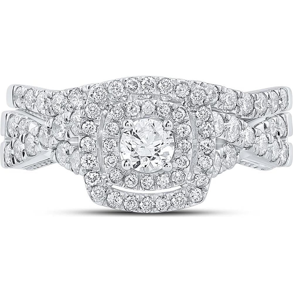 GND 14K White Gold Round Diamond Halo Bridal Wedding Ring Set with Prong-Set Diamonds – 1 Carat Total Diamond Weight