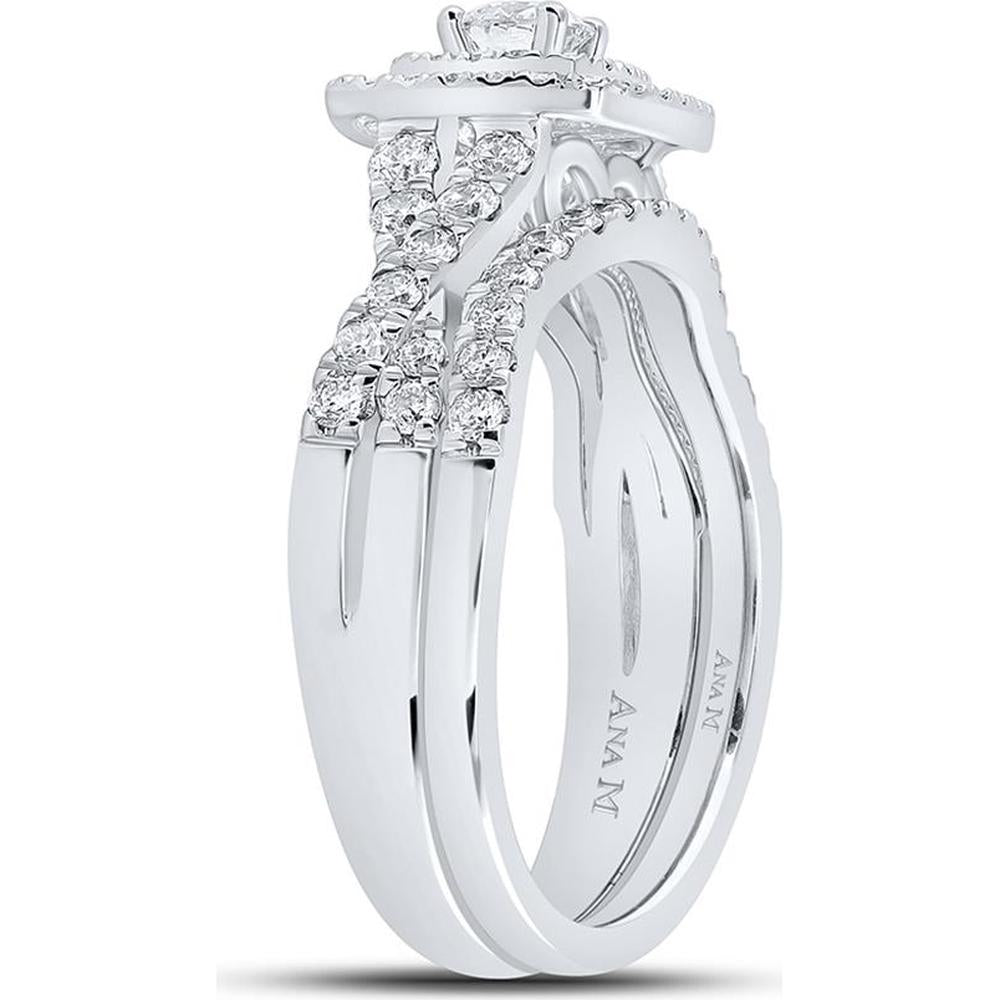 GND 14K White Gold Round Diamond Halo Bridal Wedding Ring Set with Prong-Set Diamonds – 1 Carat Total Diamond Weight
