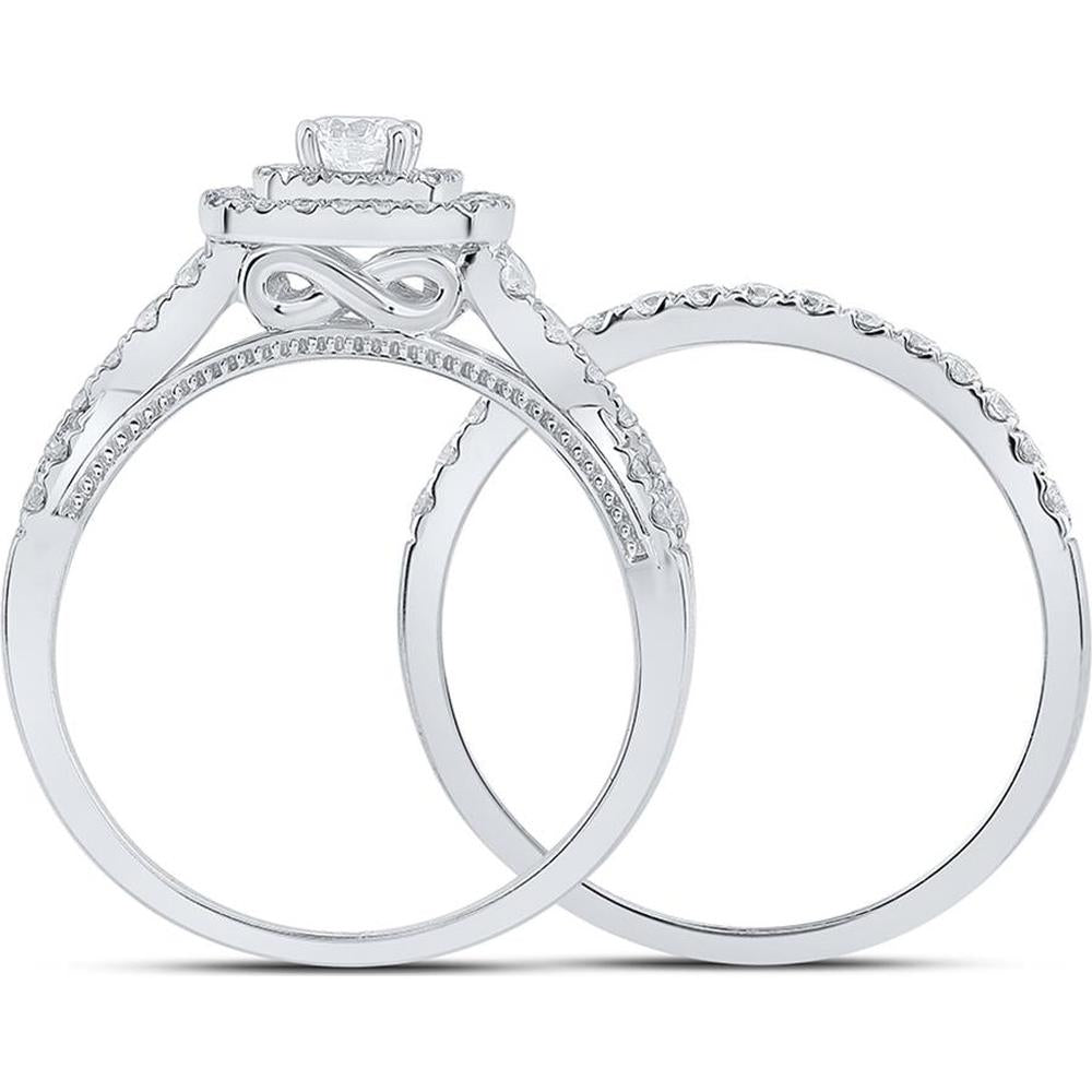 GND 14K White Gold Round Diamond Halo Bridal Wedding Ring Set with Prong-Set Diamonds – 1 Carat Total Diamond Weight