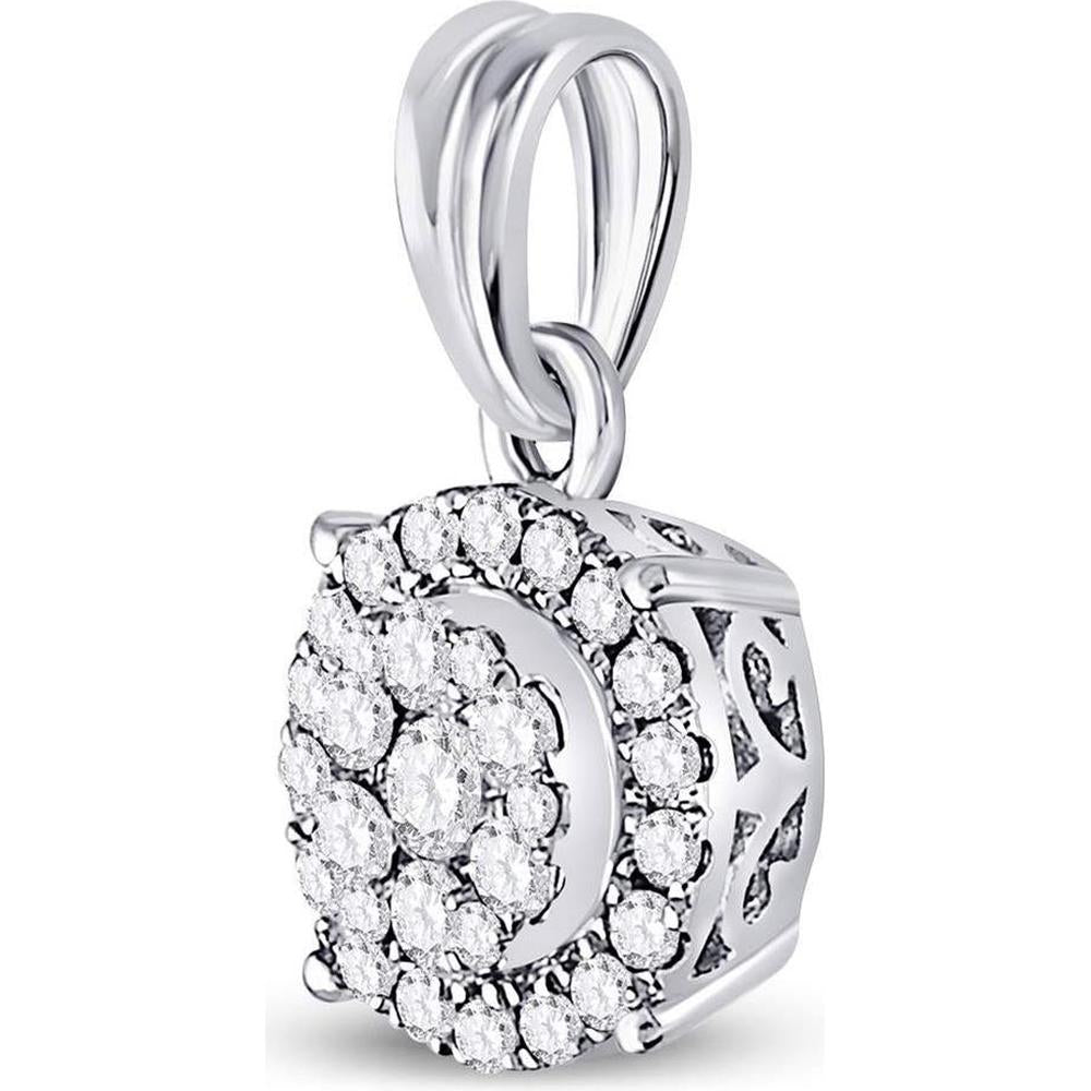 GND 14K White Gold Round Diamond Halo Cluster Pendant - 1/4 Carat Total Diamond Weight