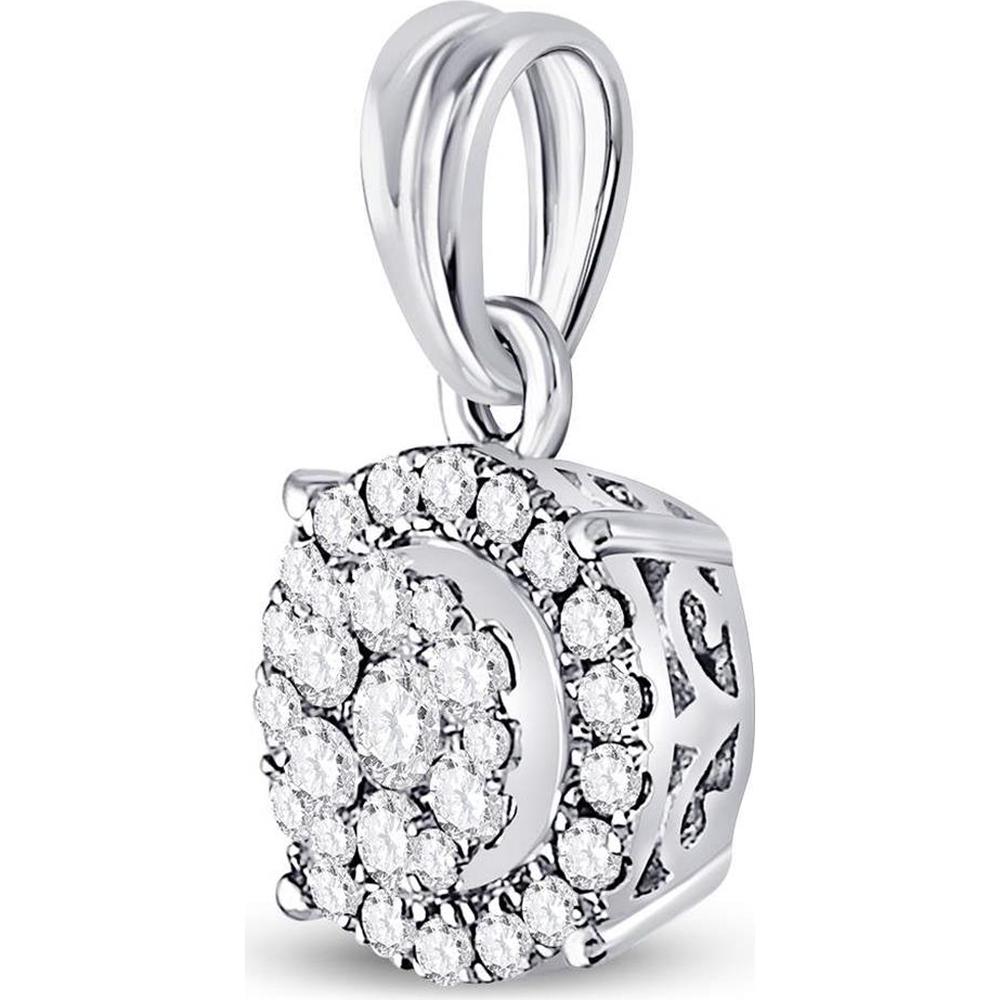 GND 14K White Gold Round Diamond Halo Cluster Pendant - 1/4 Carat Total Diamond Weight