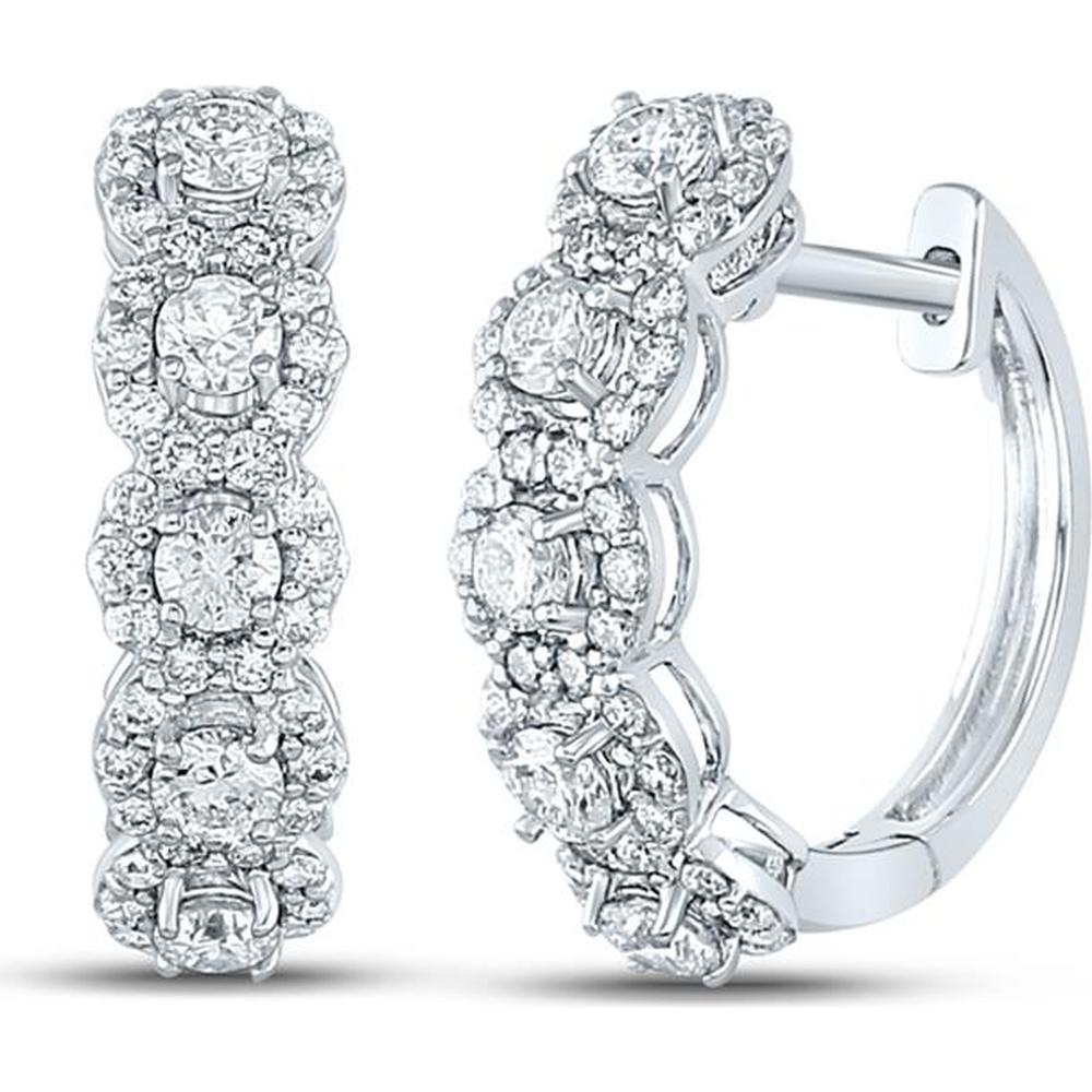 GND 14K White Gold Round Diamond Halo Hoop Earrings with Pave and Prong Set Diamonds - 1.00 Carat Total Diamond Weight