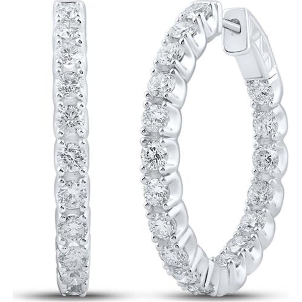 GND 14K White Gold Round Diamond Inside-Outside Hoop Earrings - 3 Carat Total Diamond Weight