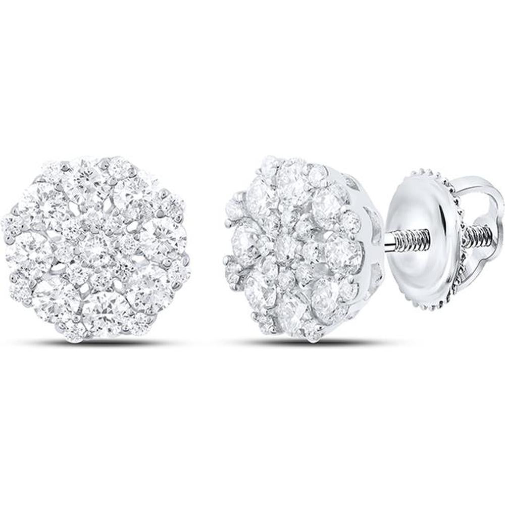 GND 14K White Gold Round Diamond Octagon Cluster Stud Earrings - 7/8 Carat Total Diamond Weight