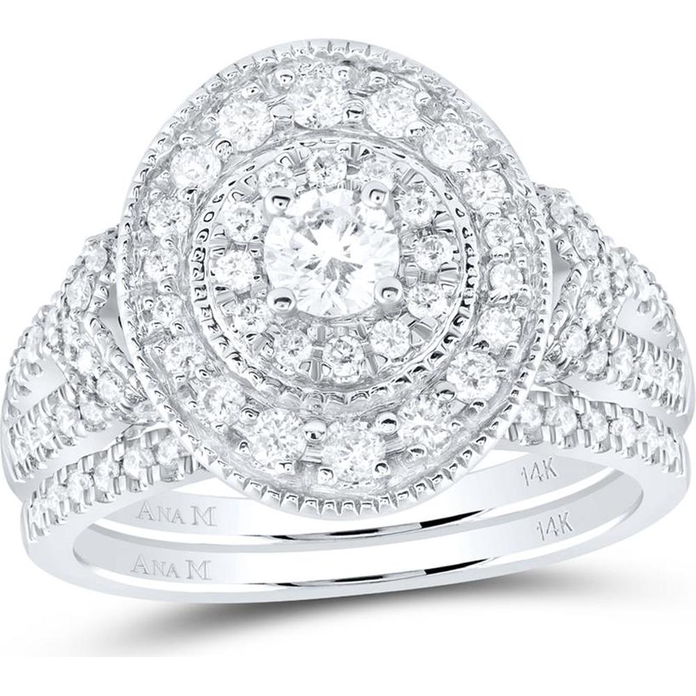 GND 14K White Gold Round Diamond Oval Halo Bridal Wedding Ring Set - 1.00 Carat Total Diamond Weight