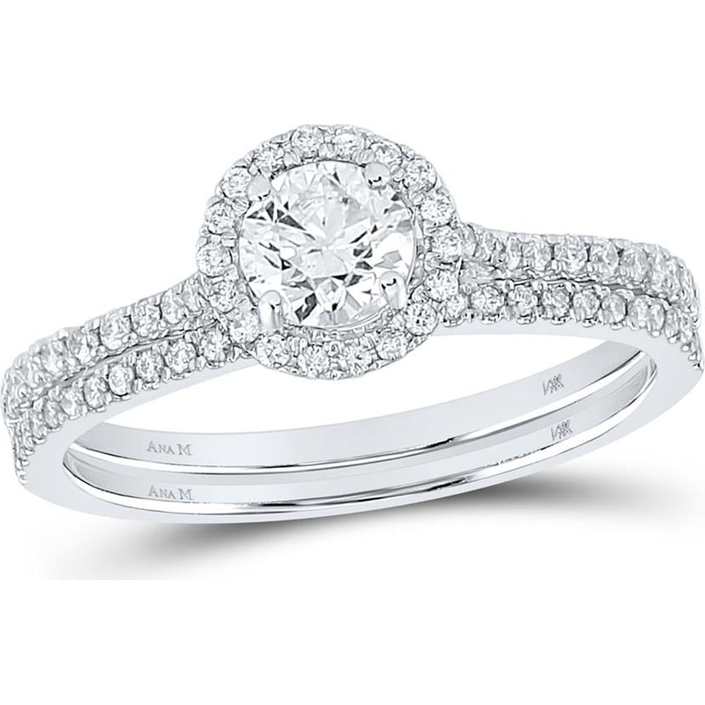 GND 14K White Gold Round Diamond Slender Bridal Wedding Ring Set with Halo and Pave Diamonds – 7/8 Carat Total Diamond Weight