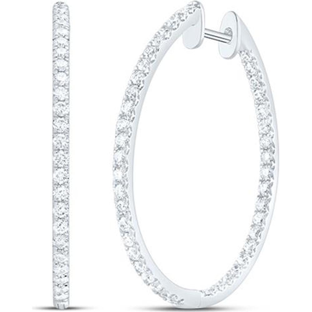 GND 14K White Gold Round Diamond Slender Single Row Medium Hoop Earrings - 1-1/2 Total Carat Weight