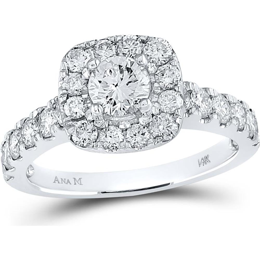 GND 14K White Gold Round Diamond Solitaire Bridal Engagement Ring with Halo - 1.5 Carat Total Diamond Weight
