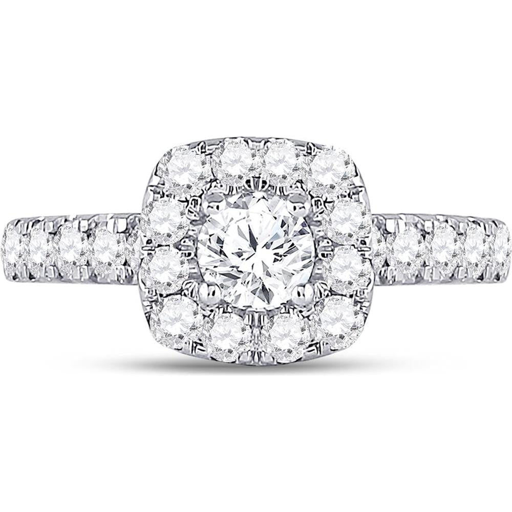 GND 14K White Gold Round Diamond Solitaire Bridal Engagement Ring with Halo - 1.5 Carat Total Diamond Weight
