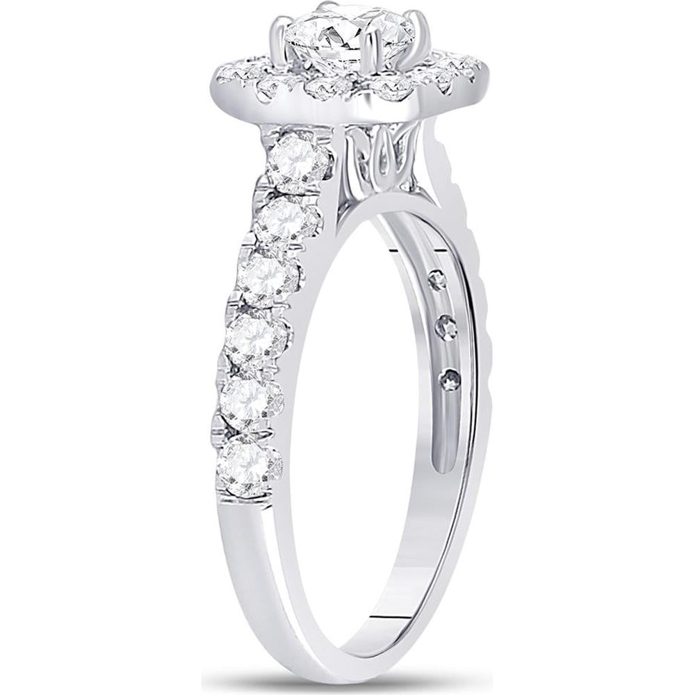 GND 14K White Gold Round Diamond Solitaire Bridal Engagement Ring with Halo - 1.5 Carat Total Diamond Weight