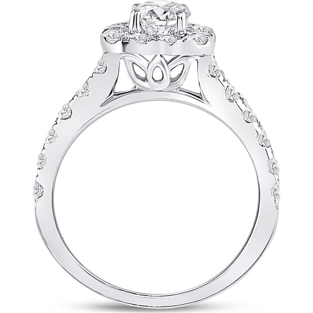 GND 14K White Gold Round Diamond Solitaire Bridal Engagement Ring with Halo - 1.5 Carat Total Diamond Weight