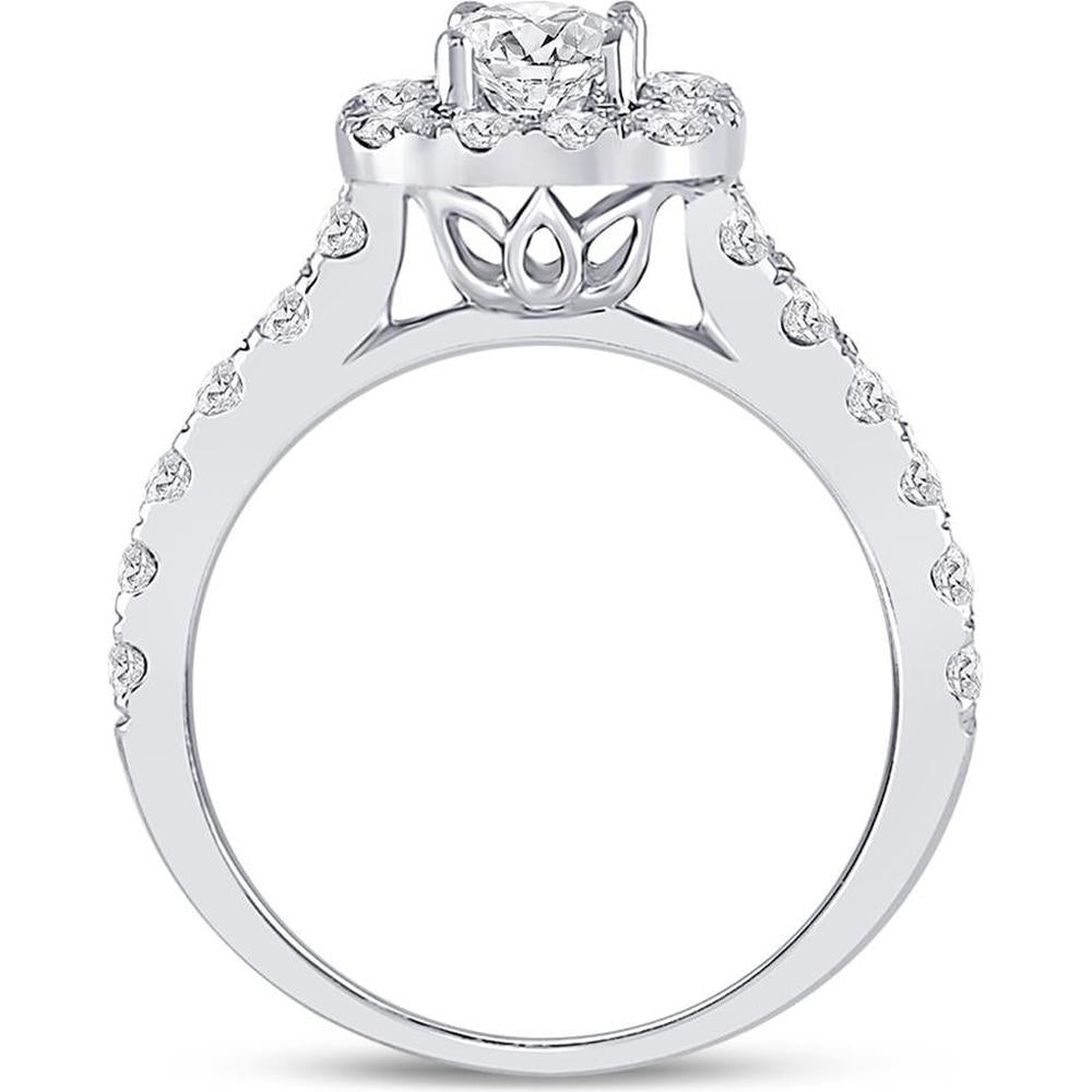 GND 14K White Gold Round Diamond Solitaire Bridal Engagement Ring with Halo - 1.5 Carat Total Diamond Weight
