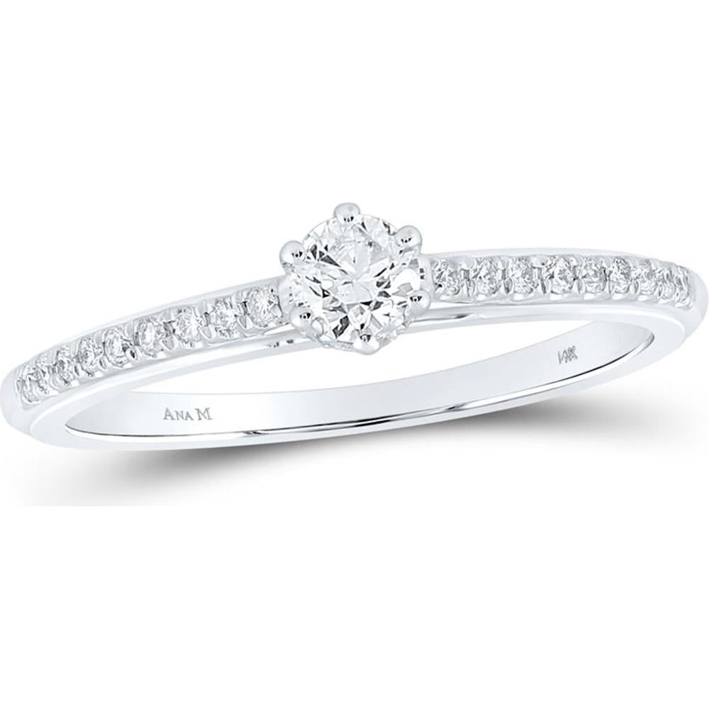 GND 14K White Gold Round Diamond Solitaire Bridal Engagement Ring with Prong-Set Accent Diamonds - 1/3 Carat Total Diamond Weight