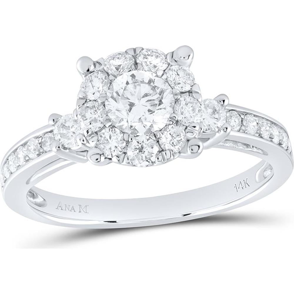 GND 14K White Gold Round Diamond Solitaire Engagement Ring with Halo and Pave-Set Accents – 1.0 Carat Total Diamond Weight.