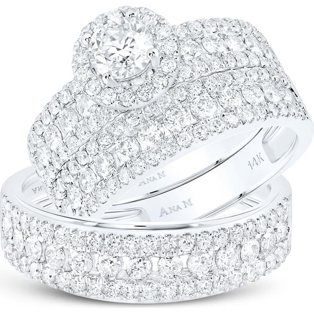 GND 14K White Gold Round Diamond Solitaire Matching Wedding Ring Set with Pave and Channel Set Diamonds - 3.00 Carat Total Diamond Weight