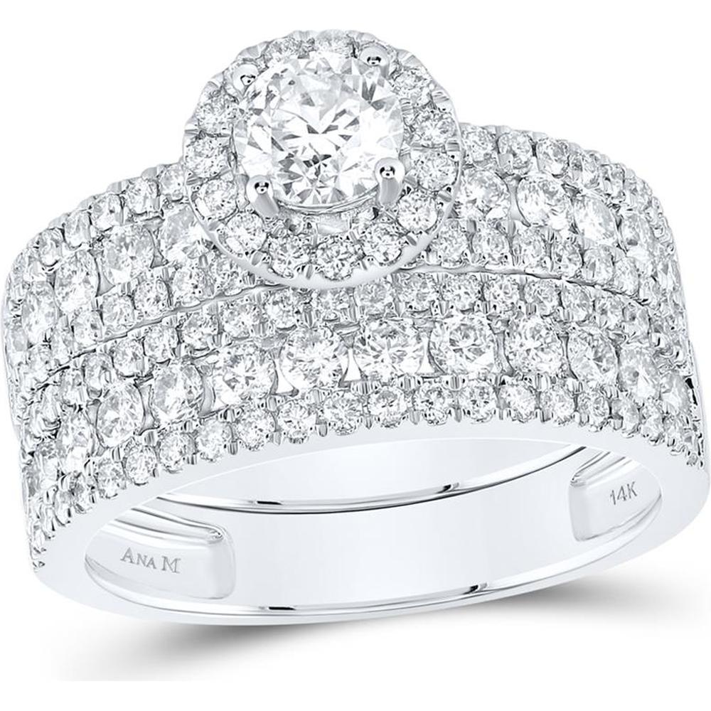 GND 14K White Gold Round Diamond Solitaire Matching Wedding Ring Set with Pave and Channel Set Diamonds - 3.00 Carat Total Diamond Weight