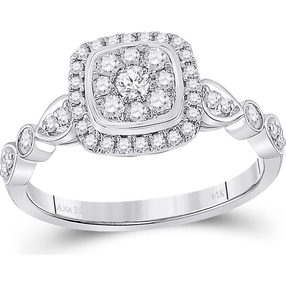 GND 14K White Gold Round Diamond Square Cluster Halo Ring - 0.50 Carat Total Diamond Weight
