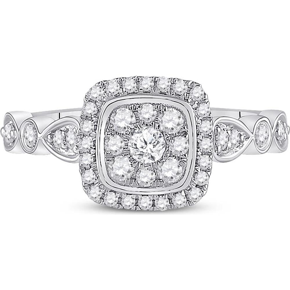 GND 14K White Gold Round Diamond Square Cluster Halo Ring - 0.50 Carat Total Diamond Weight