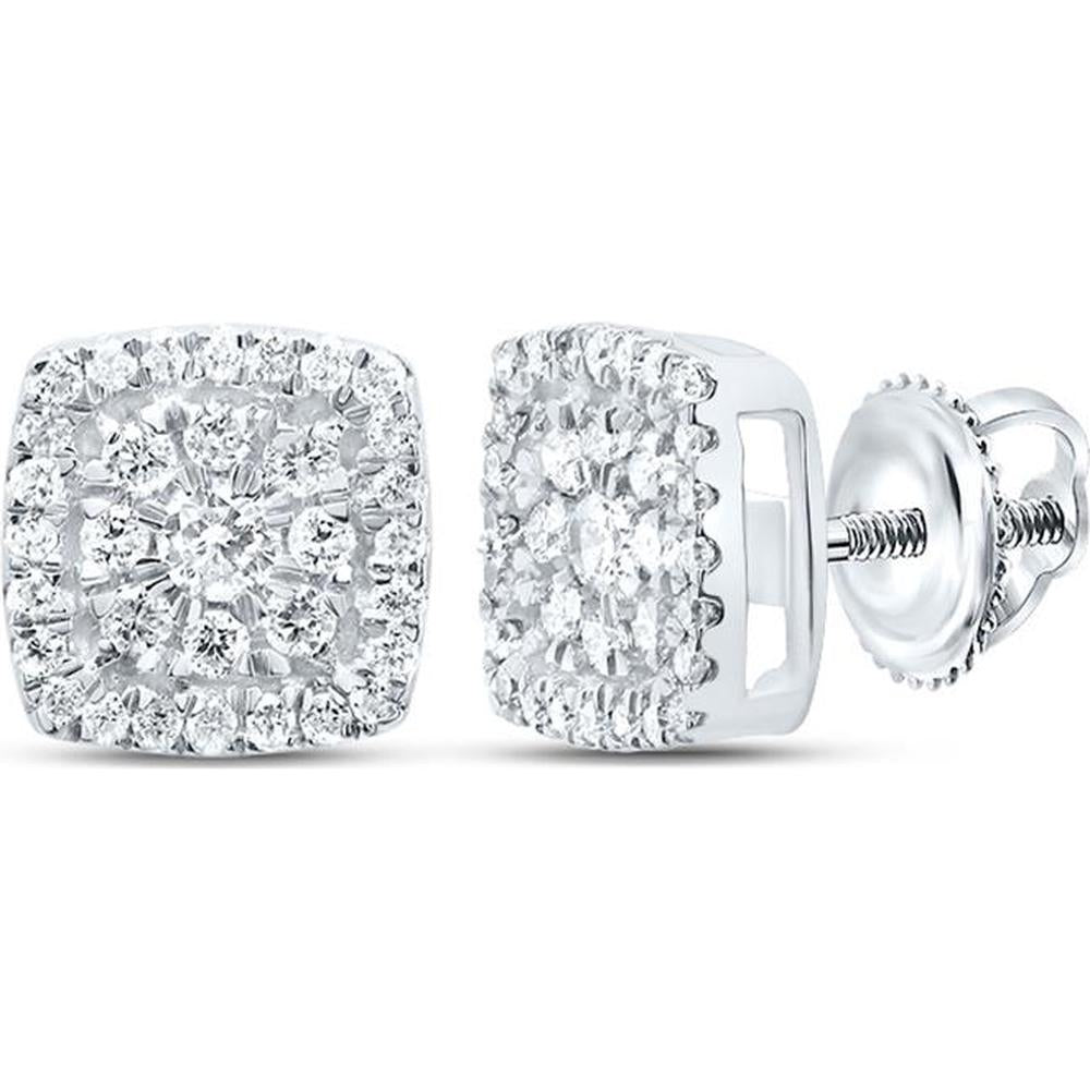 GND 14K White Gold Round Diamond Square Cluster Stud Earrings - 1/4 Carat Total Diamond Weight