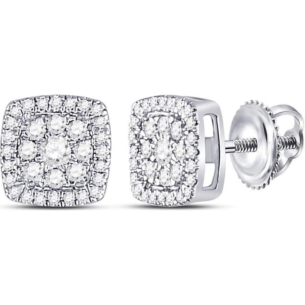 GND 14K White Gold Round Diamond Square Cluster Stud Earrings - 1/4 Carat Total Diamond Weight