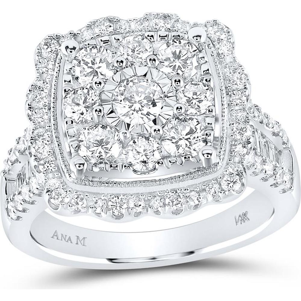 GND 14K White Gold Round Diamond Square Flower Cluster Ring – 2 Carat Total Weight