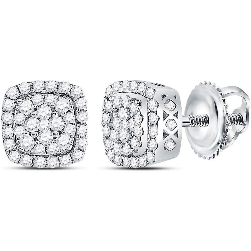 GND 14K White Gold Round Diamond Square Frame Cluster Stud Earrings - 1/2 Total Carat Weight