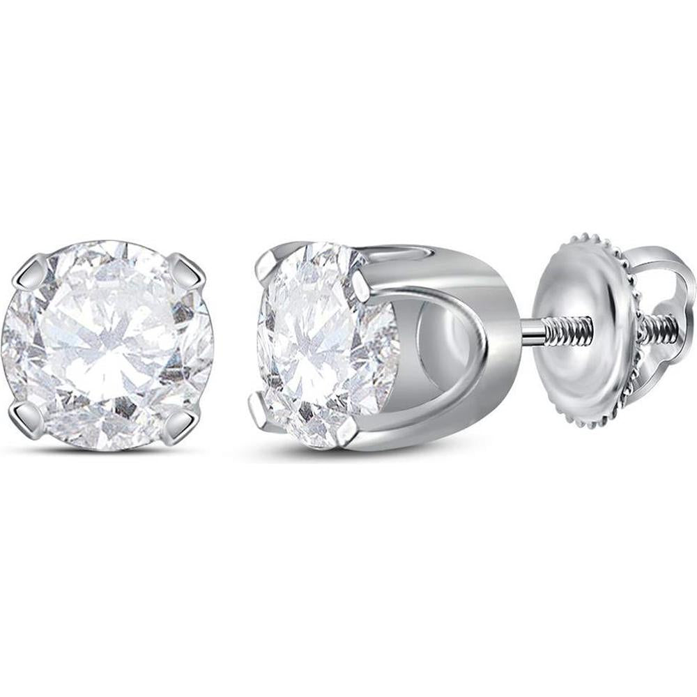 GND 14K White Gold Round Solitaire Diamond Stud Earrings with Prong Set Diamonds - 1 3/8 Total Carat Weight